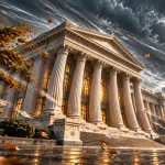 Bank building standing through powerful winds, symbolizing resilience during disruption
