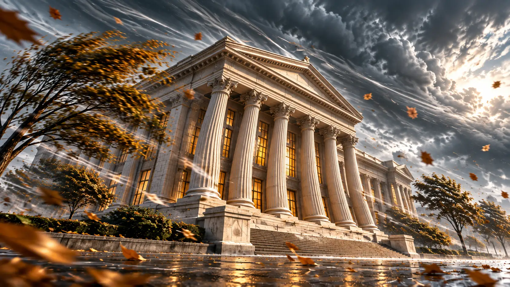 Bank building standing through powerful winds, symbolizing resilience during disruption