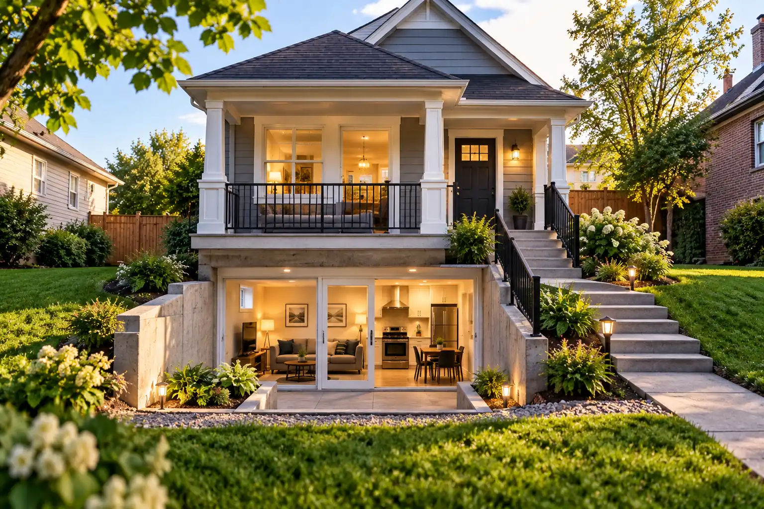 House with a visible below-ground basement apartment and separate entrance