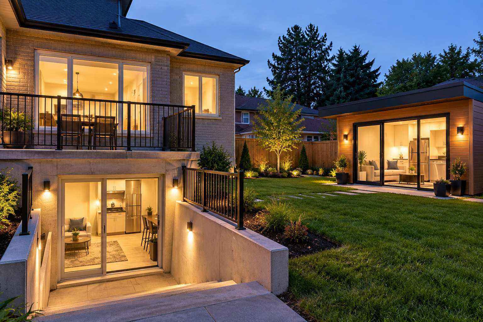 Ontario house with separate basement apartment entrance and detached backyard garden suite