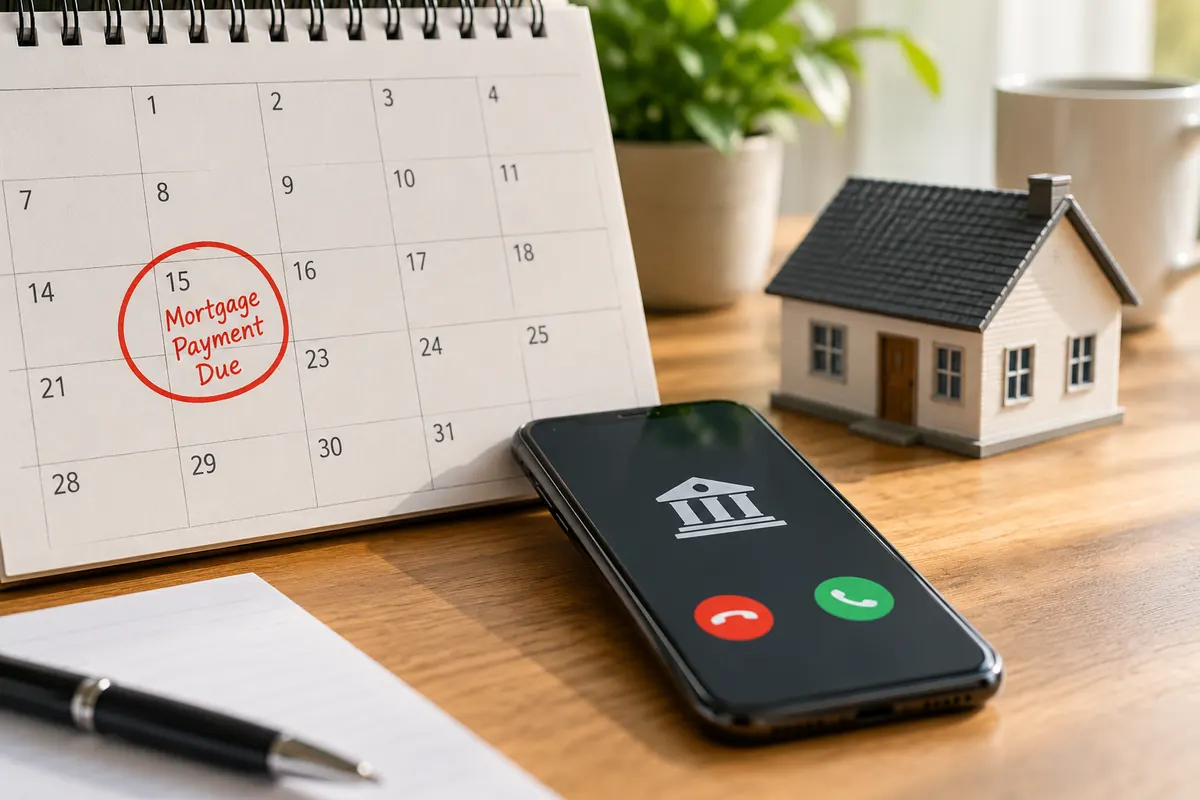 Phone beside a mortgage payment calendar reminder and a model house