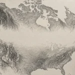 Pencil sketch of Canada drawn from the north and the United States from the south, with unfinished space along their shared border