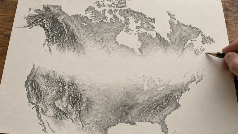 Pencil sketch of Canada drawn from the north and the United States from the south, with unfinished space along their shared border