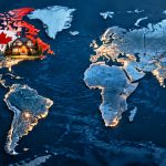A Canadian house on an illuminated world map, with Canada's flag and maple leaf clearly visible