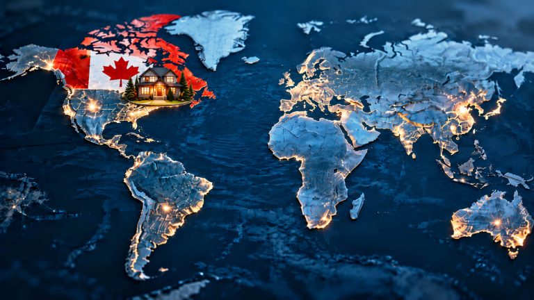 A Canadian house on an illuminated world map, with Canada's flag and maple leaf clearly visible
