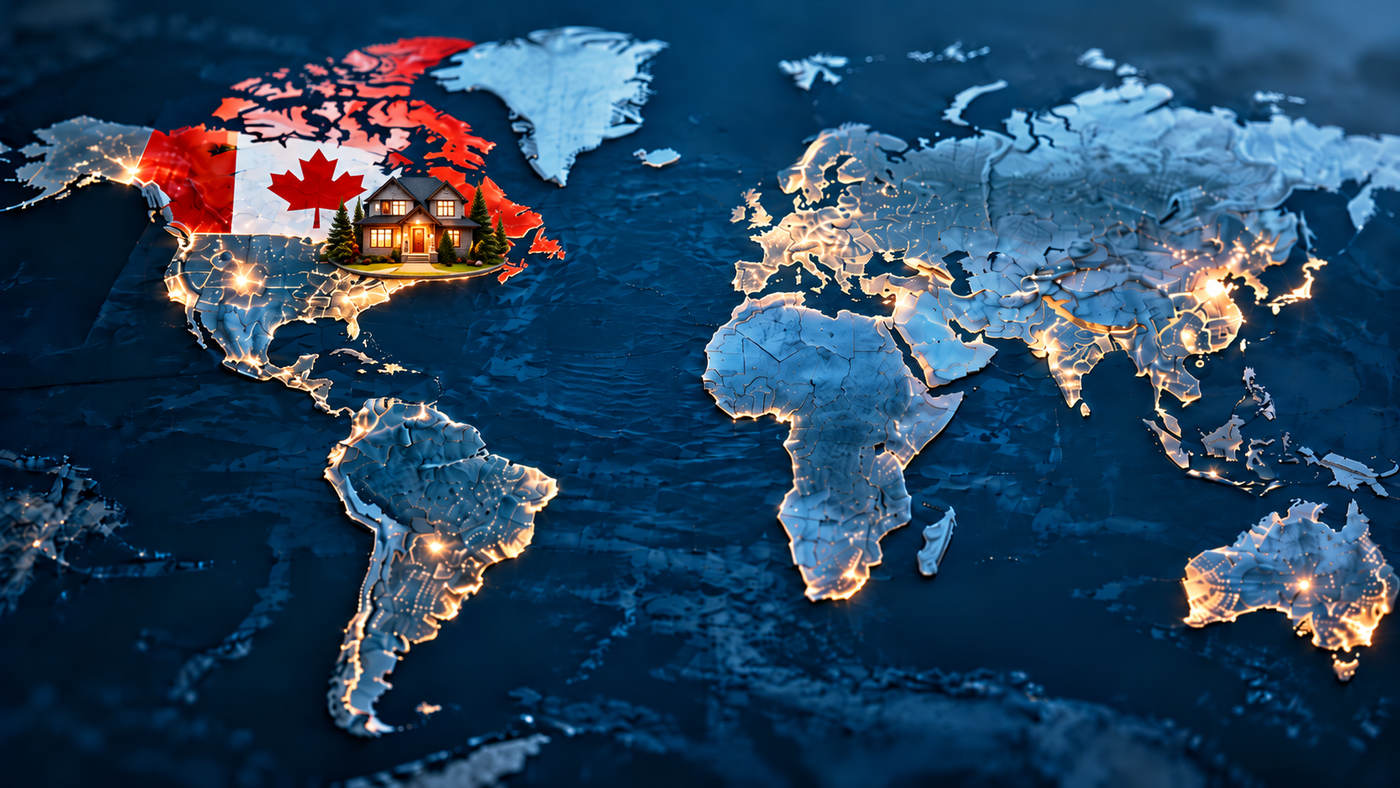 A Canadian house on an illuminated world map, with Canada's flag and maple leaf clearly visible