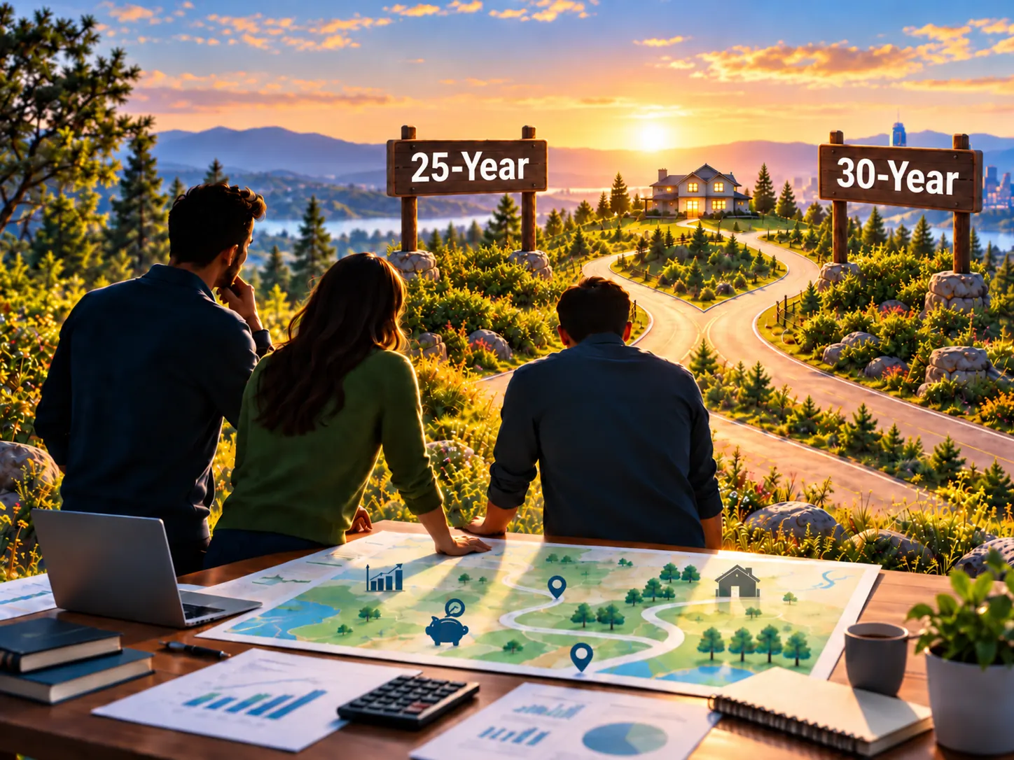 Three people planning their financial future with 25-year and 30-year amortization paths