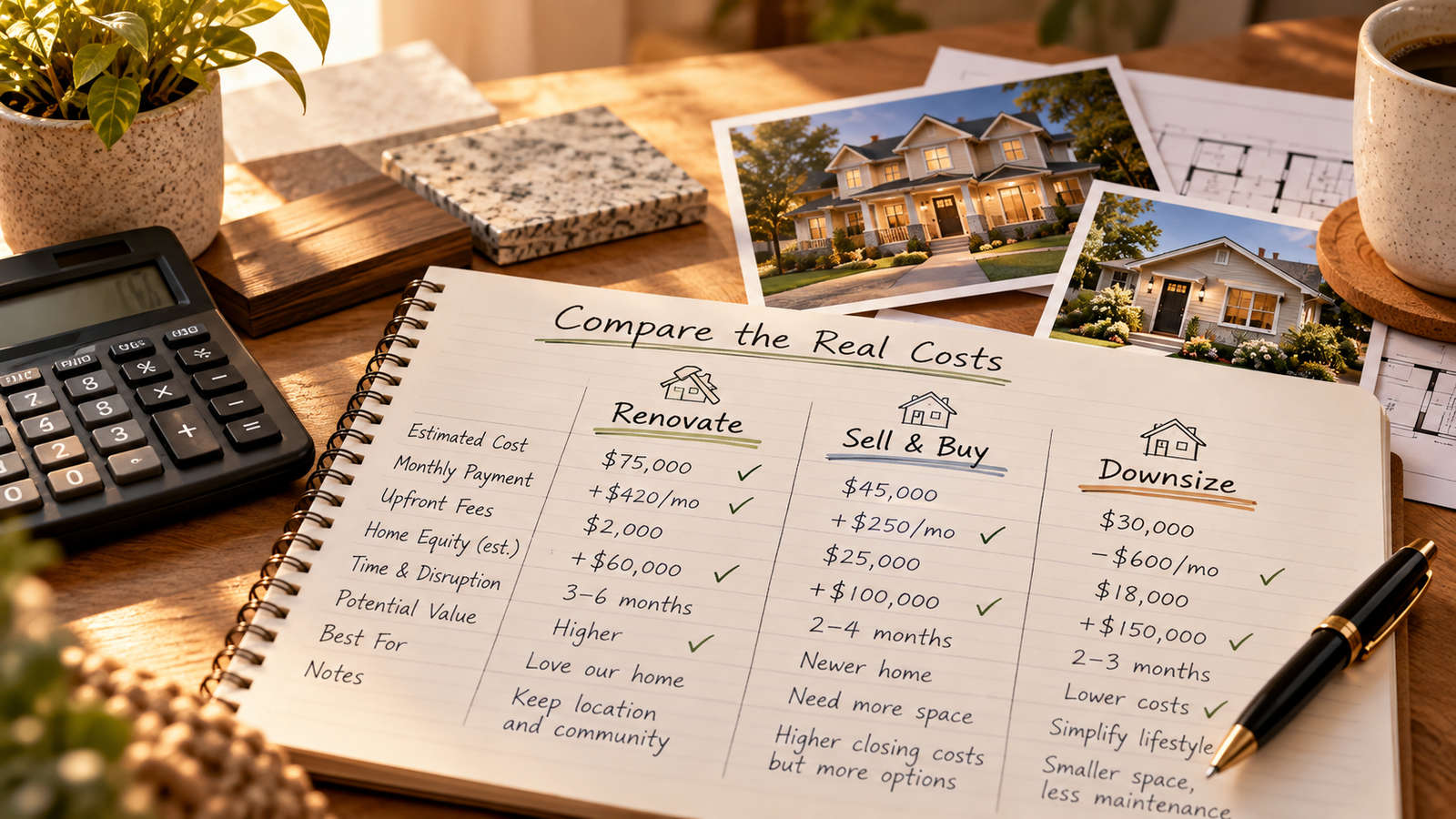 Handwritten comparison of renovating, selling and buying, and downsizing, showing estimated costs, payments and home equity