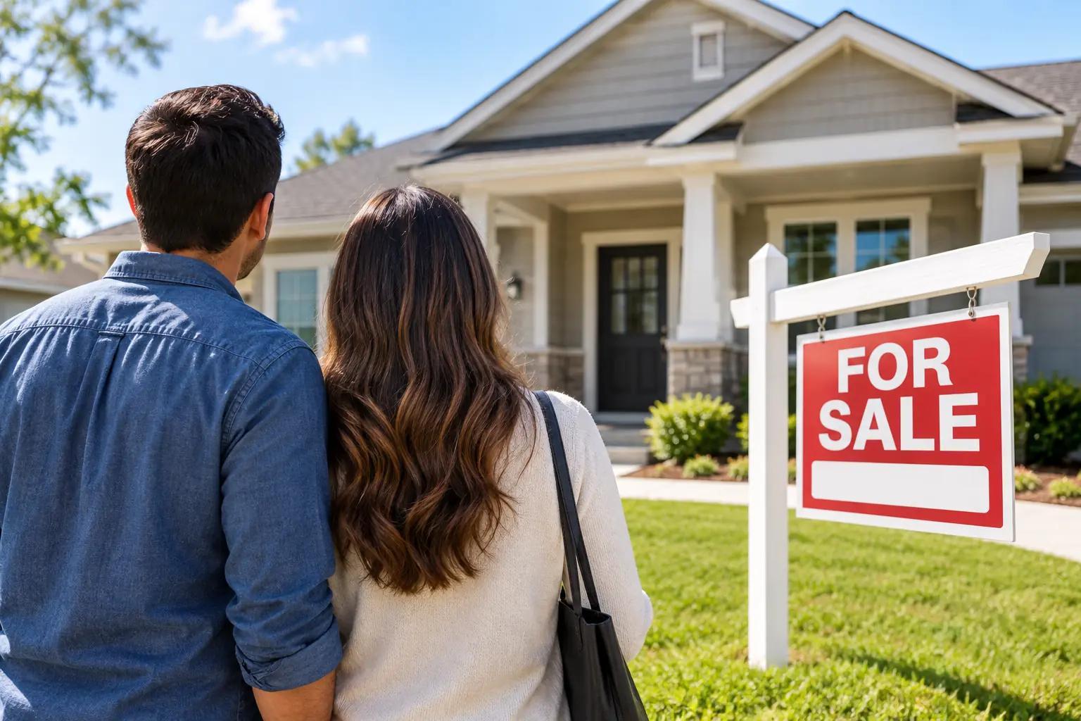 Two prospective homebuyers viewed from behind looking at a house with a For Sale sign