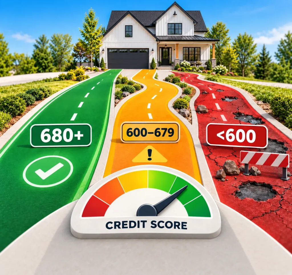 Credit score paths showing 680+, 600 to 679, and below 600 leading toward homeownership