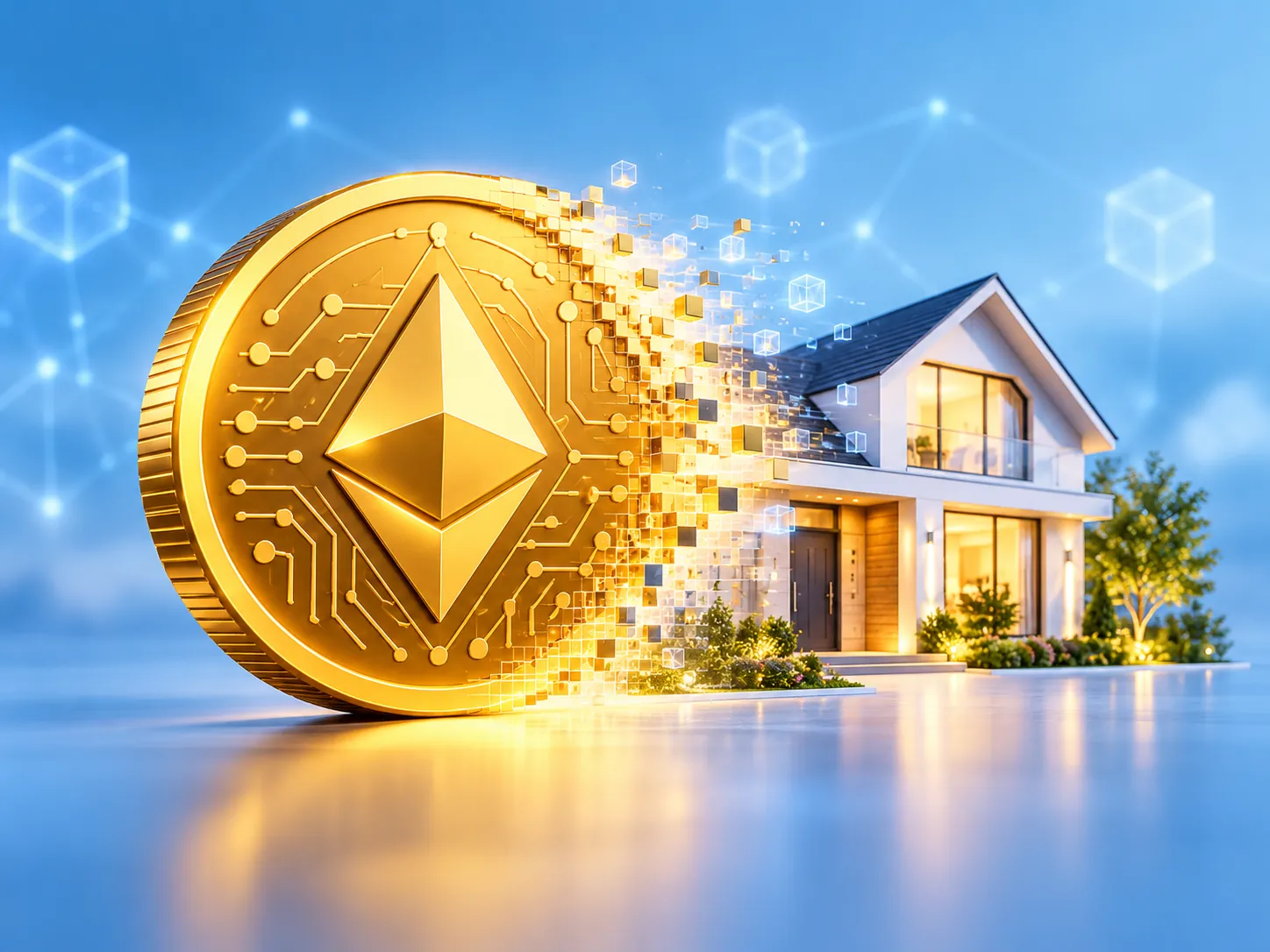 Cryptocurrency coin transitioning into a house, representing crypto and mortgages