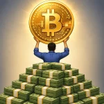 Man holding a cryptocurrency coin above cash, representing cryptocurrency and mortgage qualification