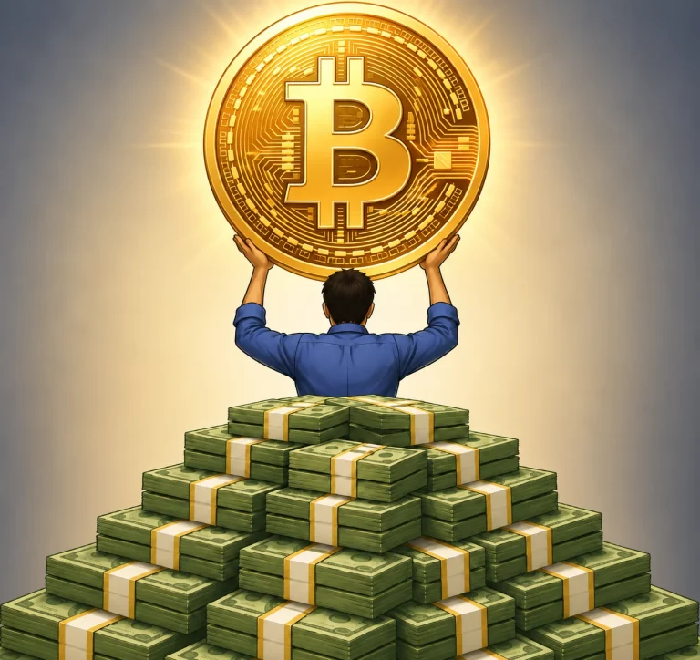 Man holding a cryptocurrency coin above cash, representing cryptocurrency and mortgage qualification
