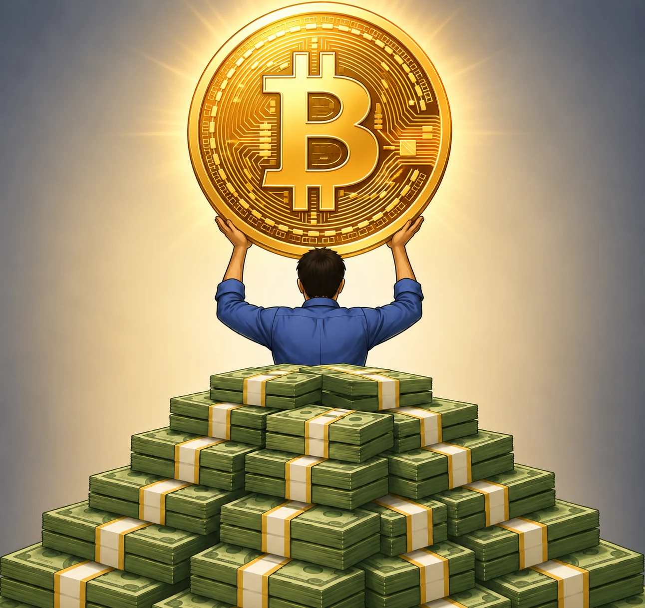 Man holding a cryptocurrency coin above cash, representing cryptocurrency and mortgage qualification