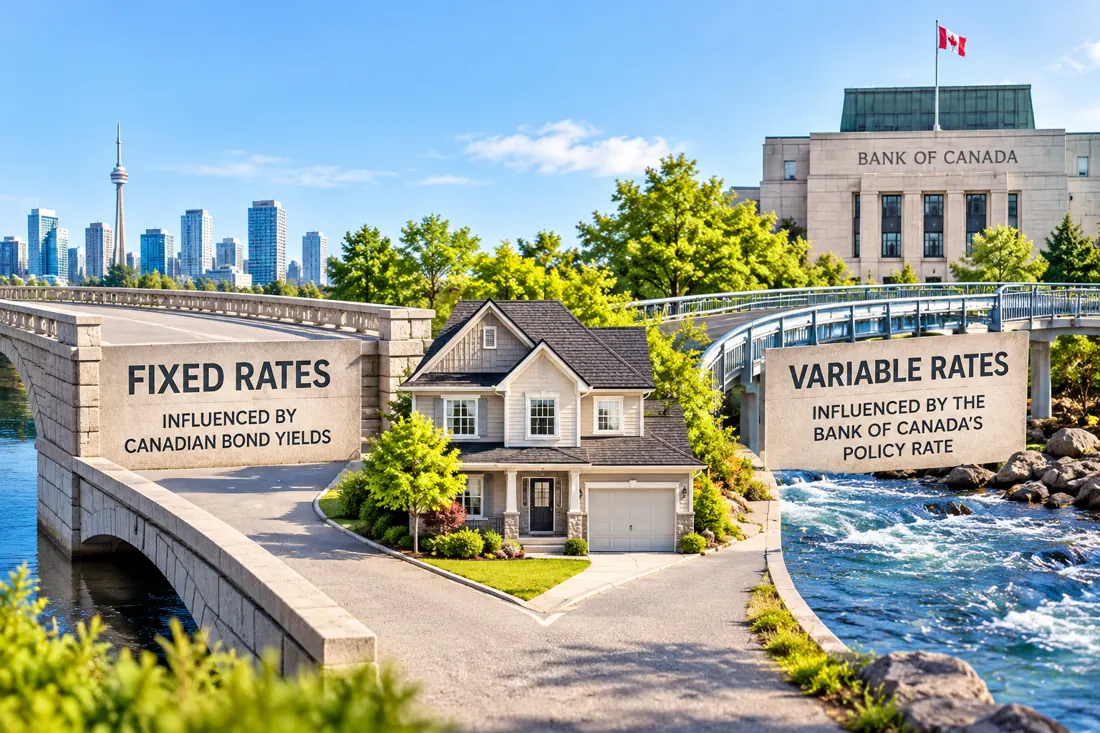 Bright daytime illustration of fixed mortgage bond yields and variable Bank of Canada rates