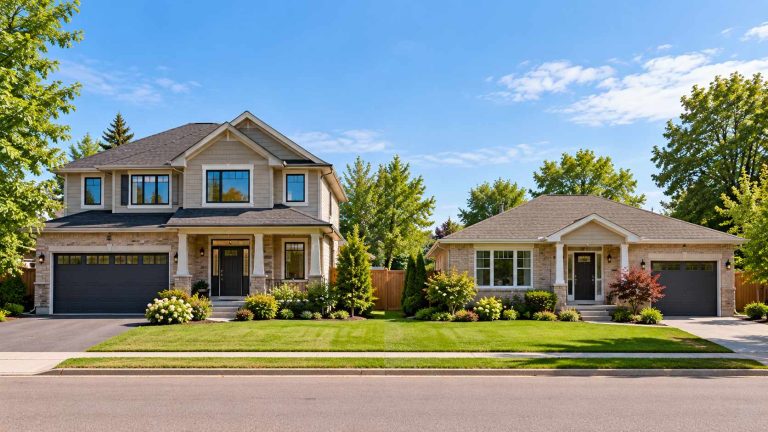 Large two-storey Ontario-style house beside a smaller single-storey bungalow, illustrating downsizing and home equity