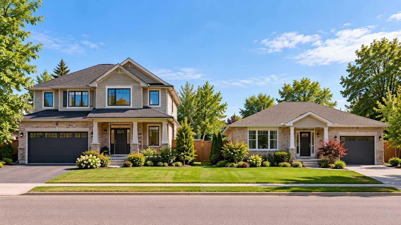 Large two-storey Ontario-style house beside a smaller single-storey bungalow, illustrating downsizing and home equity