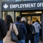 People lined up outside an employment office