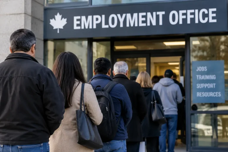People lined up outside an employment office