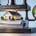 Financial stress test showing a house and mortgage papers under pressure