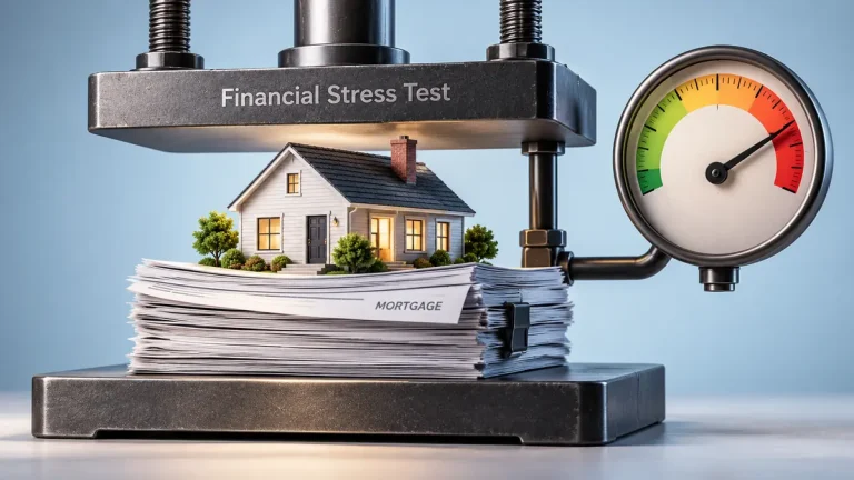 Financial stress test showing a house and mortgage papers under pressure