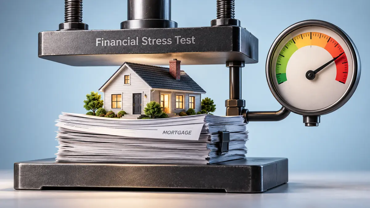 Financial stress test showing a house and mortgage papers under pressure