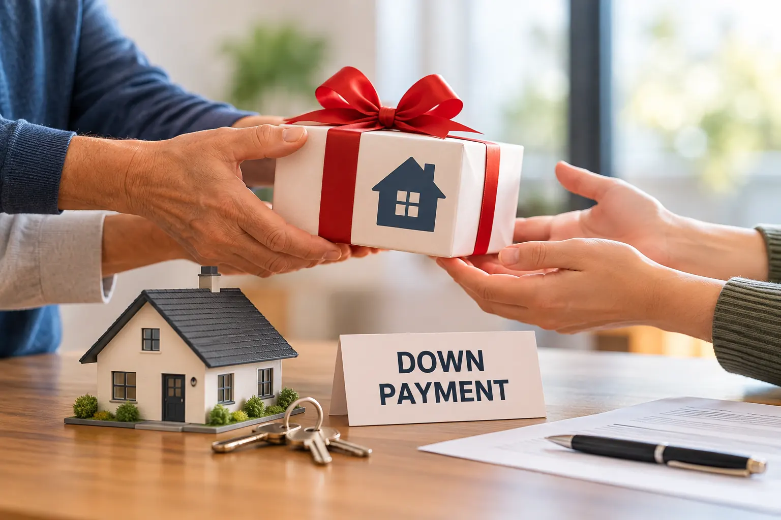 Parents gifting a down payment to a homebuyer, symbolized by a wrapped gift and house keys