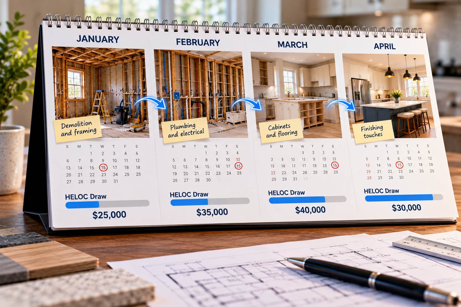 Four-month kitchen renovation calendar showing progress and HELOC draws each month