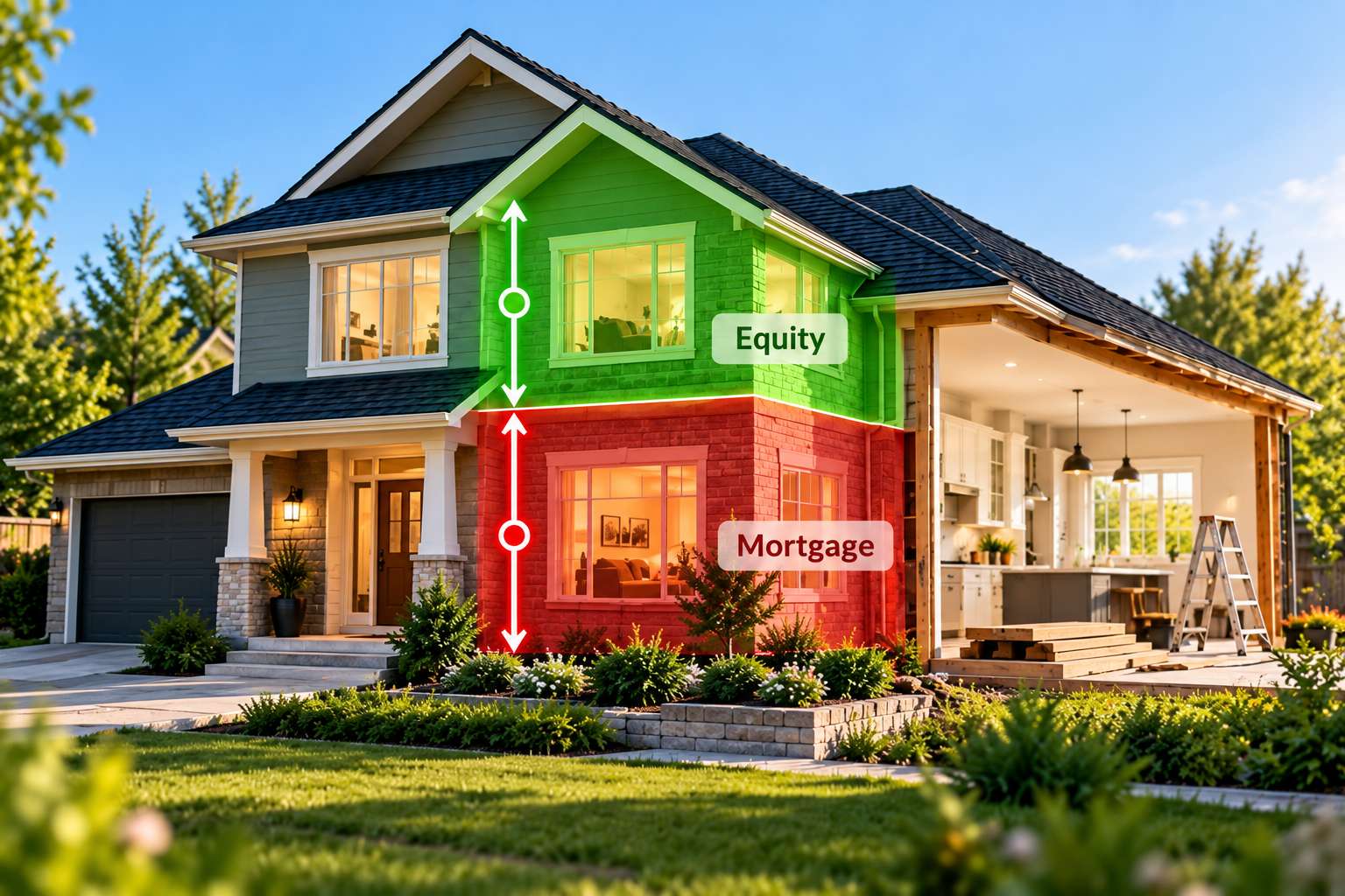 House showing upper green equity area and lower red mortgage area with labels