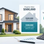 Infographic showing how loan-to-value is calculated using property value, equity and mortgage debt.