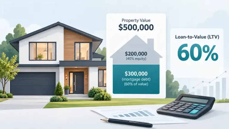 Infographic showing how loan-to-value is calculated using property value, equity and mortgage debt.