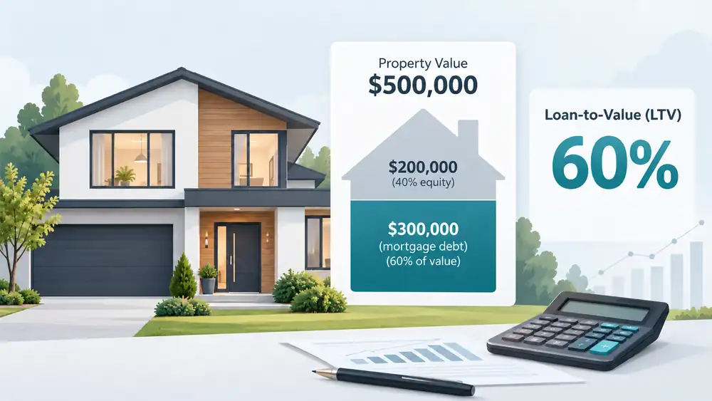 Infographic showing how loan-to-value is calculated using property value, equity and mortgage debt.