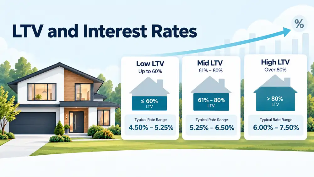 Infographic comparing low, mid and high loan-to-value ranges and typical mortgage rate ranges.