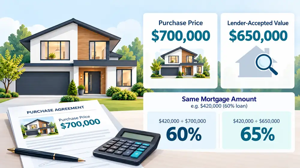 Infographic comparing purchase price and lender-accepted value using the same mortgage amount.