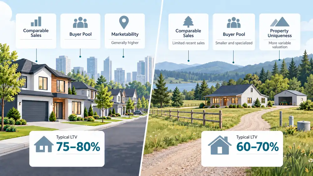 Infographic comparing urban and rural properties and their typical loan-to-value ranges.