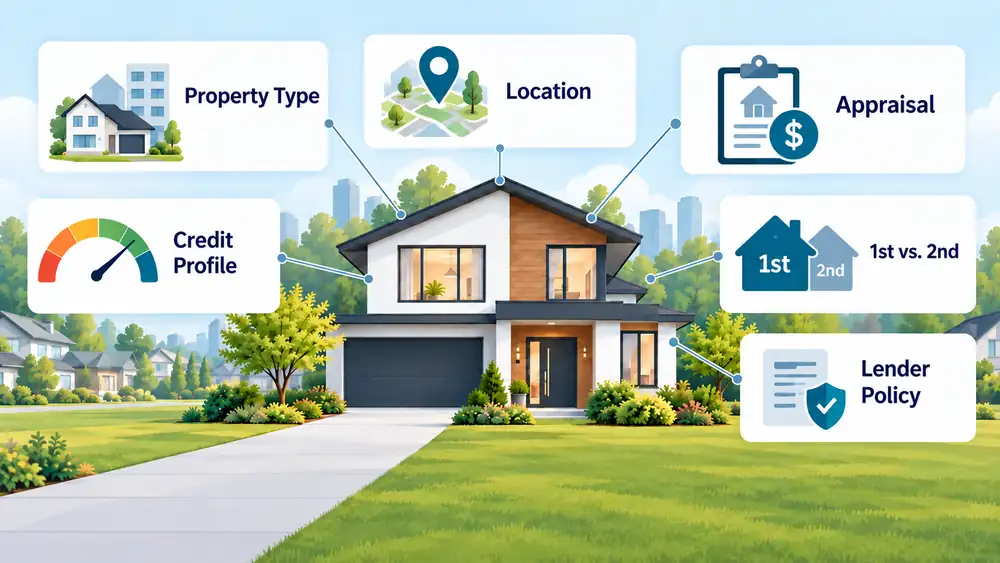 Infographic showing reasons loan-to-value can vary, including property type, location, appraisal, credit profile, mortgage position and lender policy.