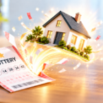 House emerging from a lottery ticket, symbolizing lottery winnings helping fund a home purchase