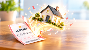 House emerging from a lottery ticket, symbolizing lottery winnings helping fund a home purchase