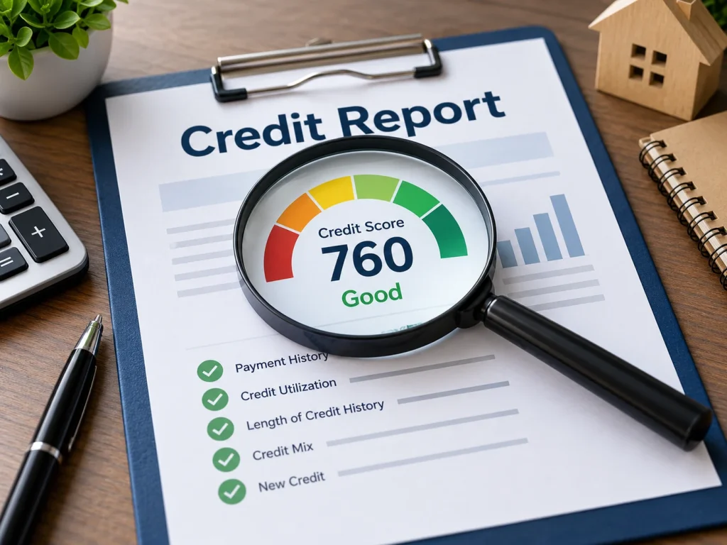 Credit report and credit score reviewed under a magnifying glass