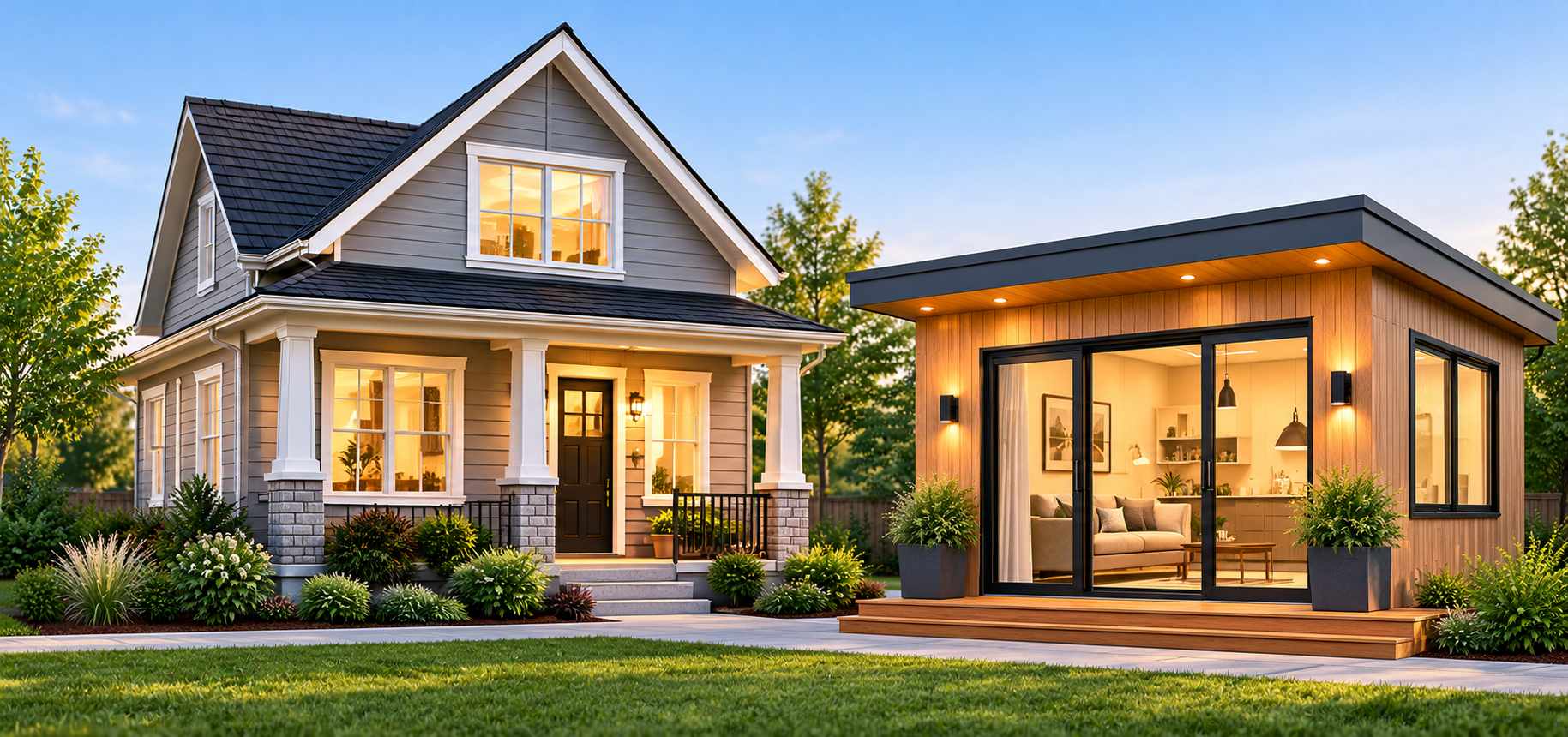 Traditional two-storey home beside a modern detached garden suite in a landscaped residential yard