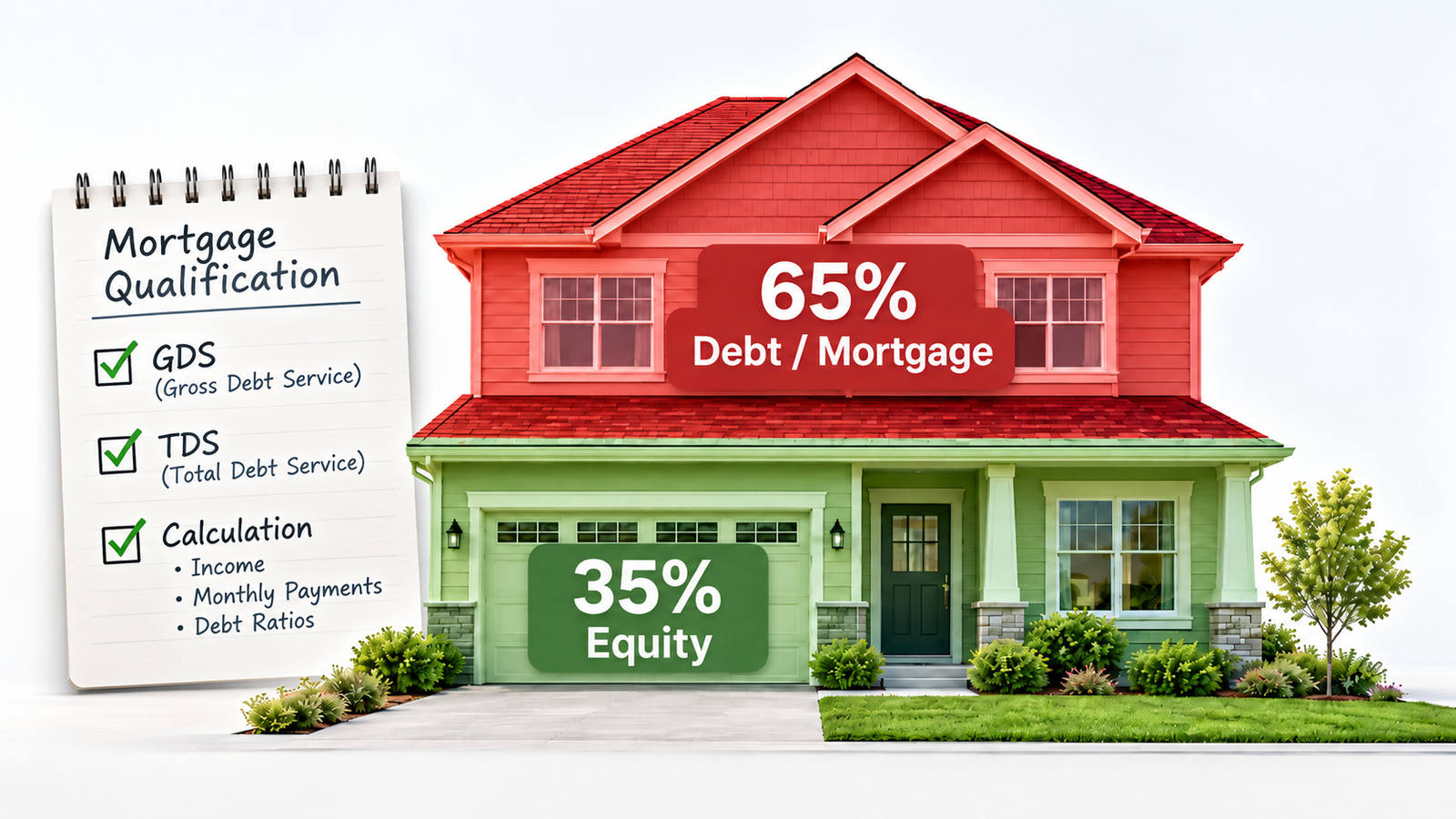 Two-storey house showing 65 percent mortgage debt and 35 percent home equity, beside a checklist for GDS and TDS qualification calculations