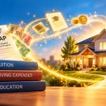 Ontario OSAP government grant document with money flowing from it, above education books and a glowing path to a home
