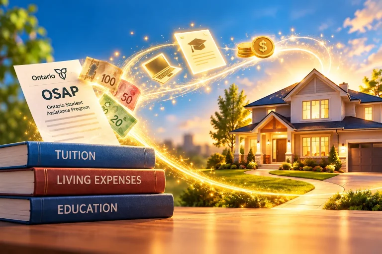 Ontario OSAP government grant document with money flowing from it, above education books and a glowing path to a home