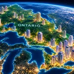 Stylized map of Ontario viewed from space, with oversized illustrated condo towers rising across the province, especially around Toronto.