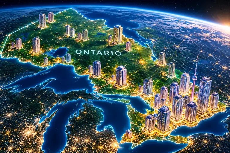 Stylized map of Ontario viewed from space, with oversized illustrated condo towers rising across the province, especially around Toronto.