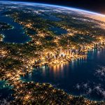 Editorial illustration of Ontario viewed from orbit with prominent illuminated Greater Toronto Area condominium towers by Lake Ontario