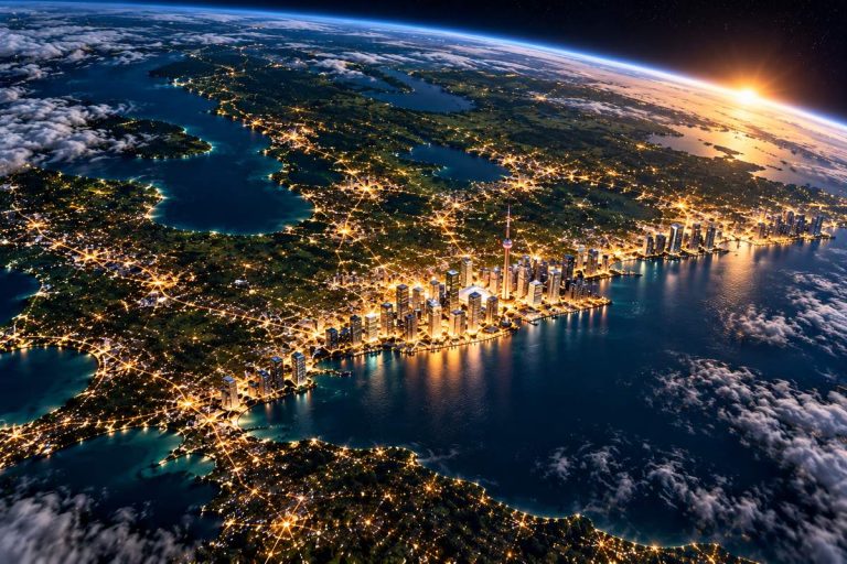 Editorial illustration of Ontario viewed from orbit with prominent illuminated Greater Toronto Area condominium towers by Lake Ontario
