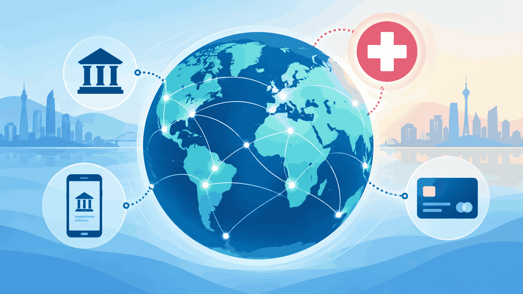 Global banking network with international medical symbol representing worldwide pandemic disruption