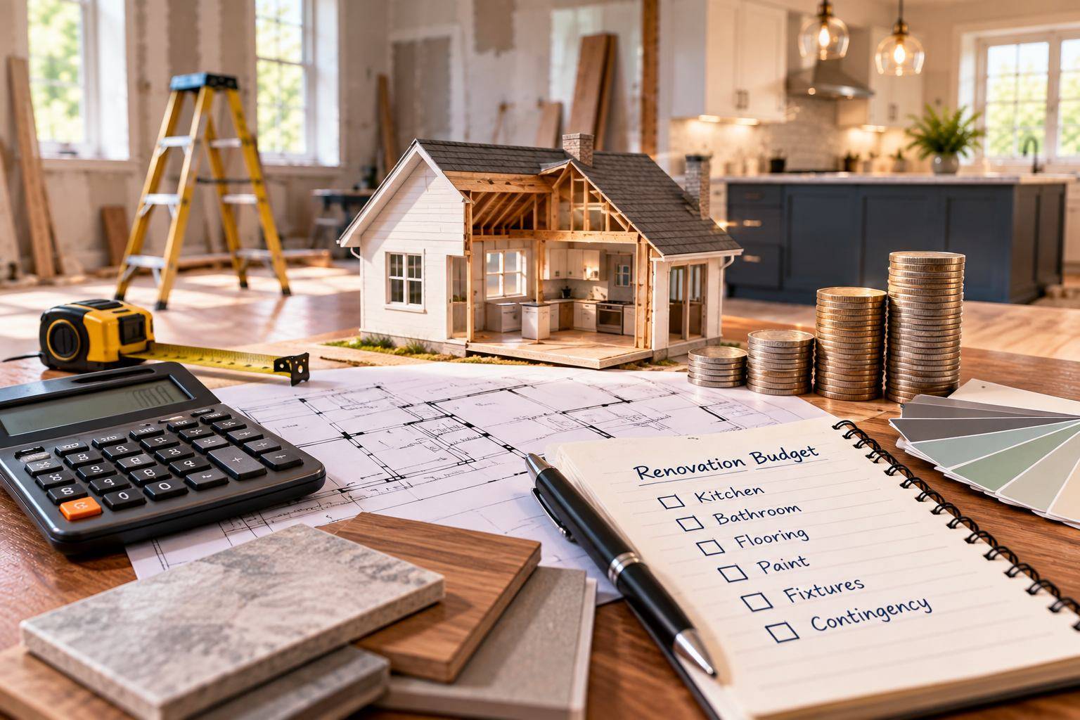 Renovation budget planning with calculator, house model, construction plans, material samples and contingency checklist