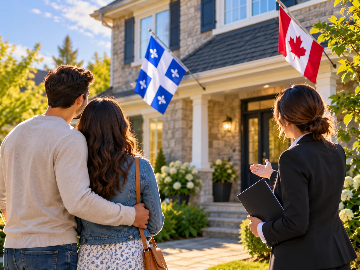 First-time homebuyers meeting a realtor outside a house in Quebec